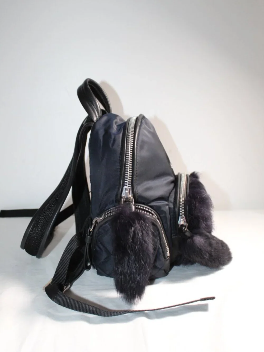 Moncler Nylon Black Backpack Rabbit Fur Trim
